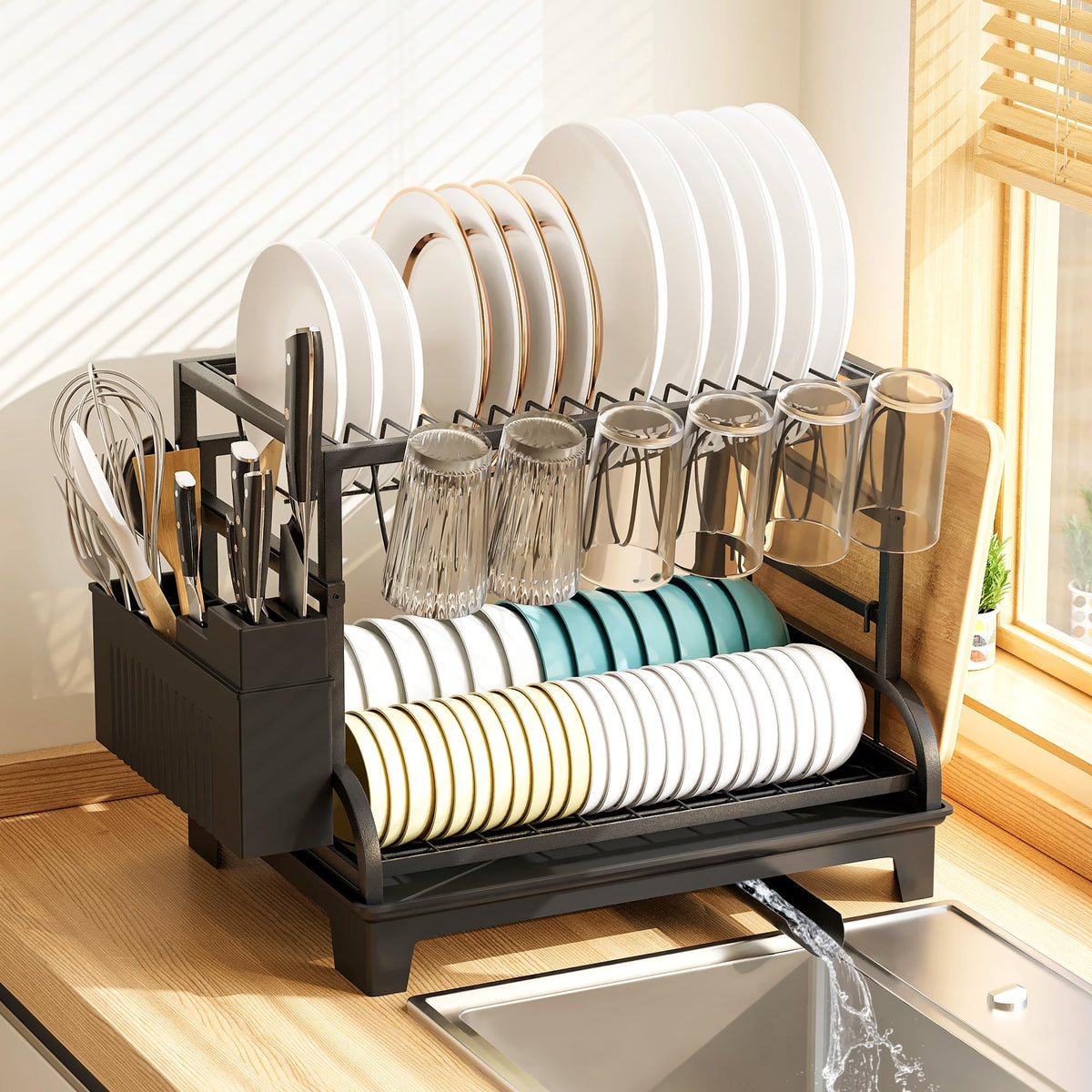 HomeCurated 2-Tier Dish Drying Rack with Drainboard keeps dishes organized and drains into sink.