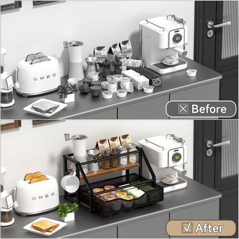 Homedawn multi-use rack stores syrups, wine, olive oil, and dressings neatly.