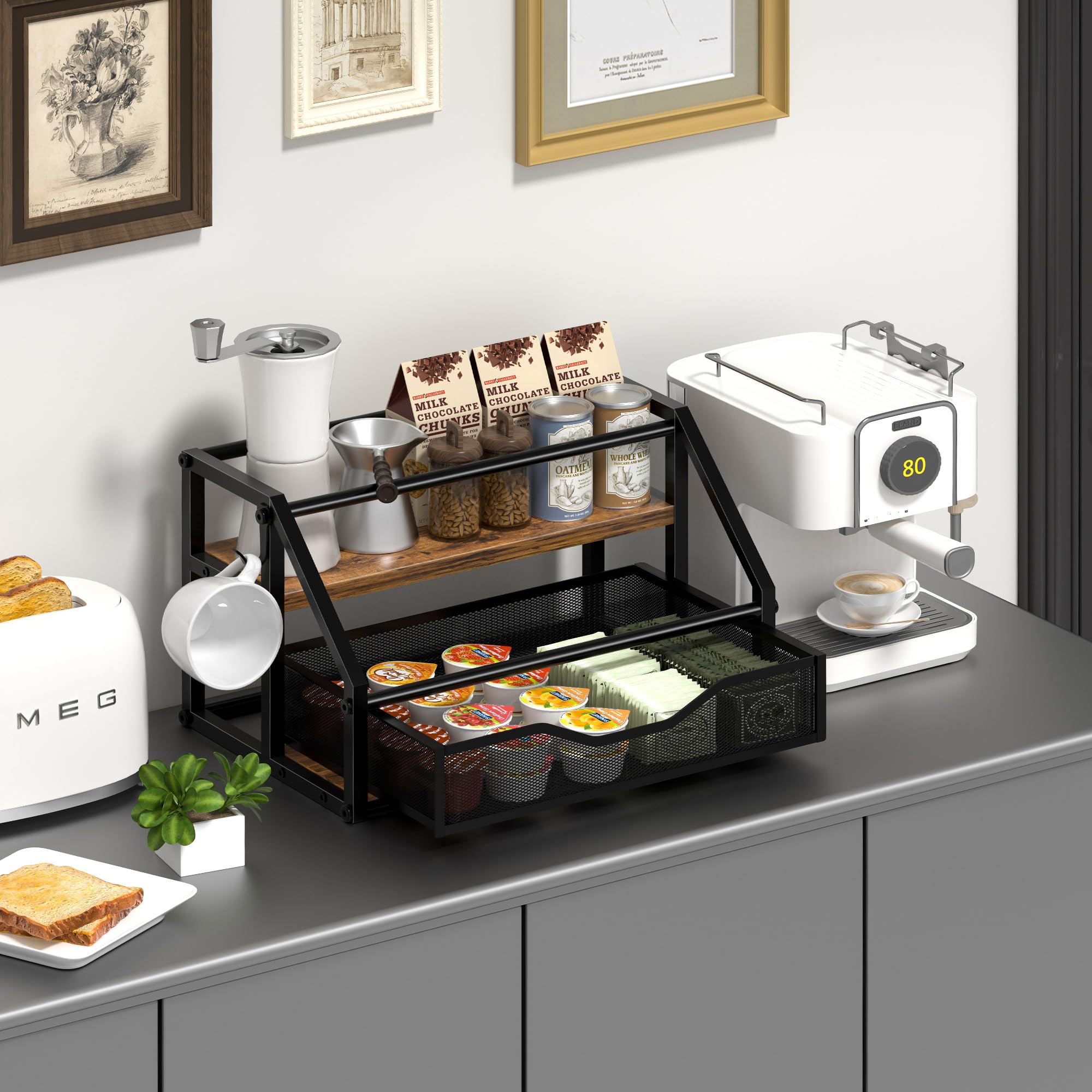 Homedawn rustic brown and black kitchen counter display blends decor with organization.