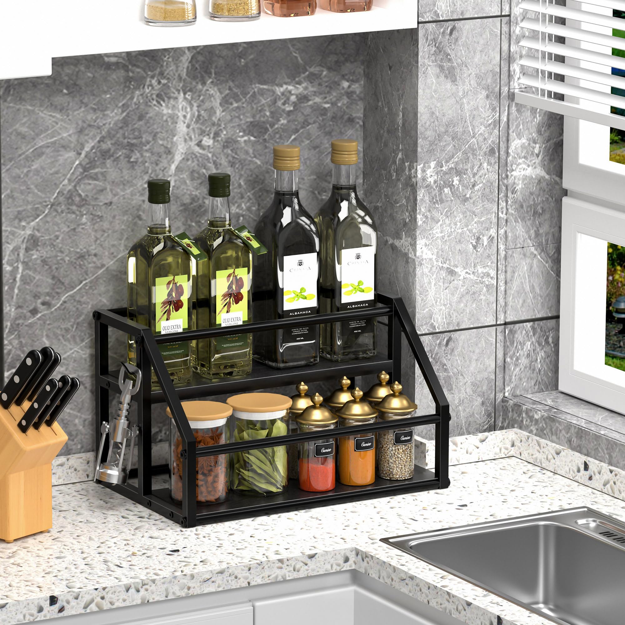 Homedawn wine and condiment storage rack keeps bottles visible and accessible