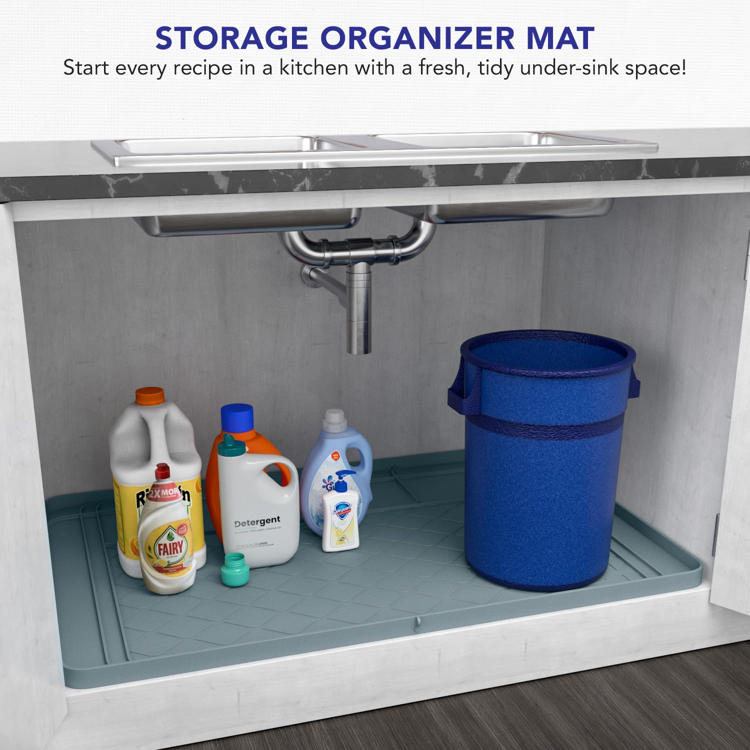 HOMEHOLD silicone under-sink mat with non-slip backing keeps items secure.