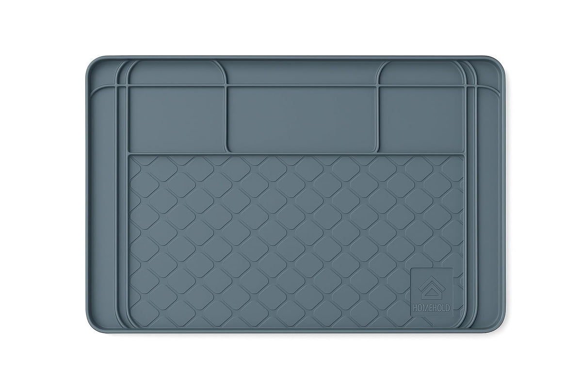 HOMEHOLD under-sink mat in grey shows 34x22 size for kitchen protection.