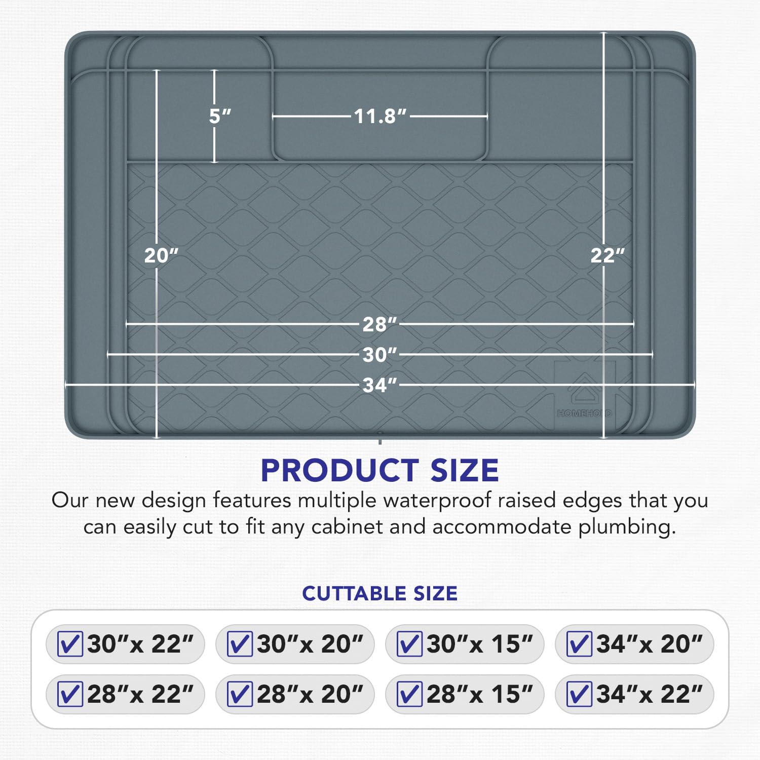 HOMEHOLD mat holds up to 3.3 gallons of liquid to protect cabinet interiors.