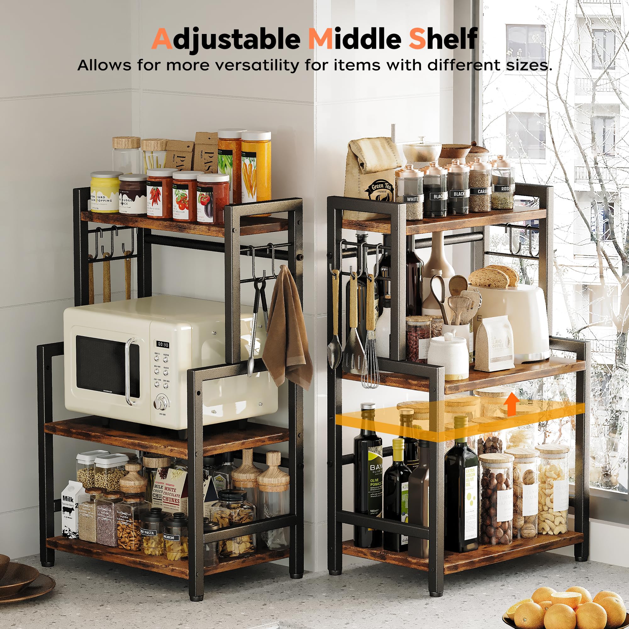 Homeiju 3-tier spice rack middle shelf for organized bottles.