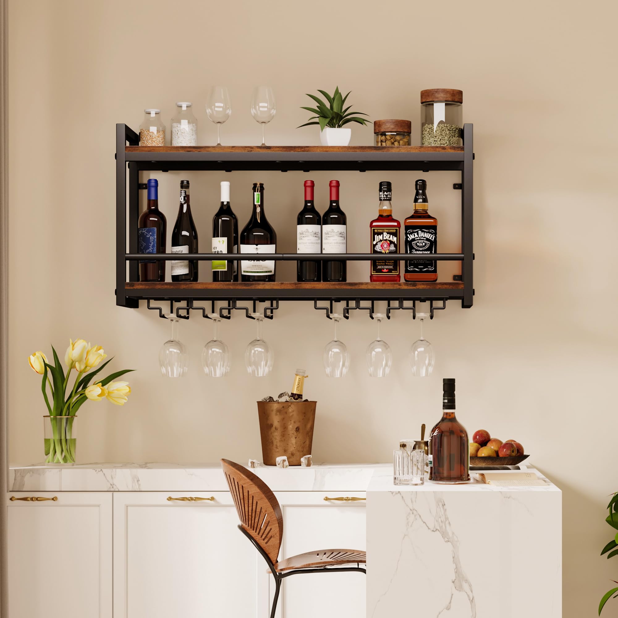 Homeiju bottle and glass wall display highlighting convenient storage.