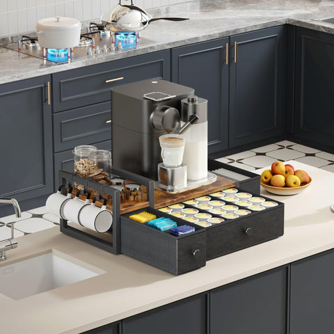 Homeiju countertop organizer shows left-side cup storage and a side basket