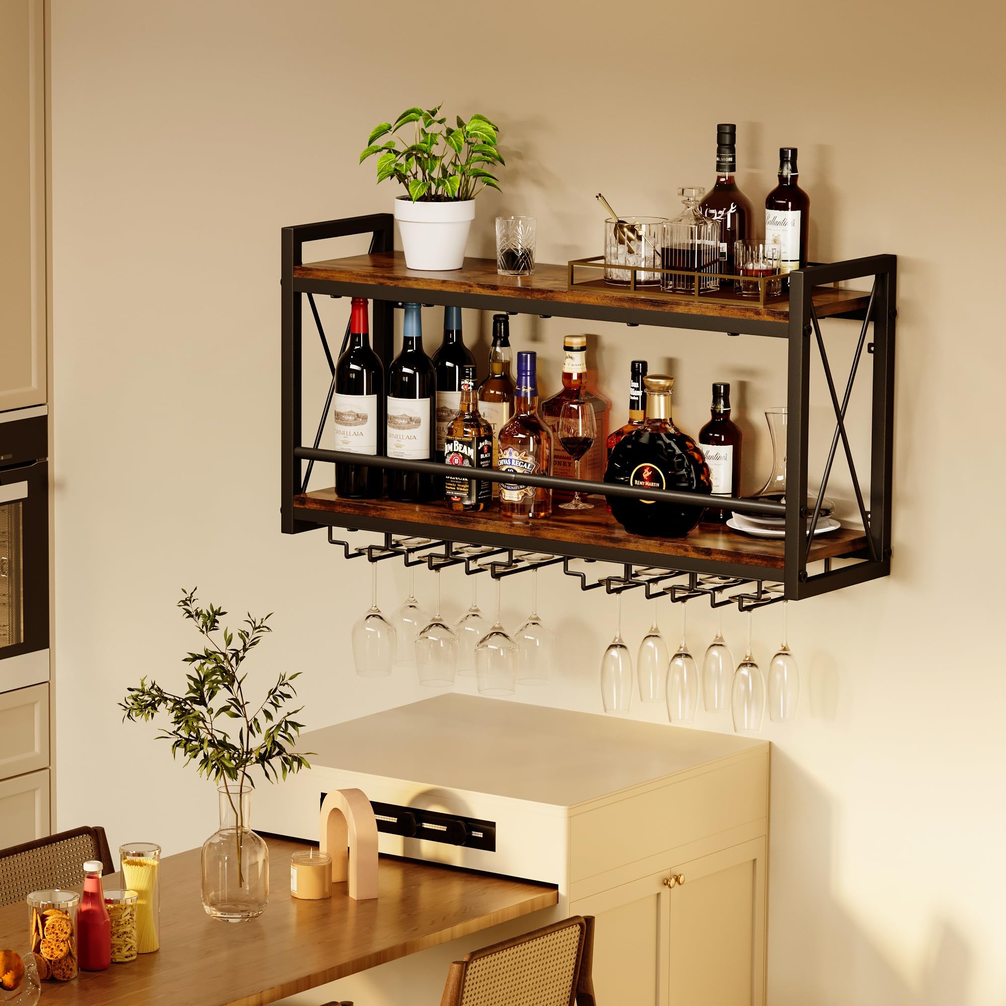 Homeiju industrial retro wall wine shelf for kitchen or bar area.