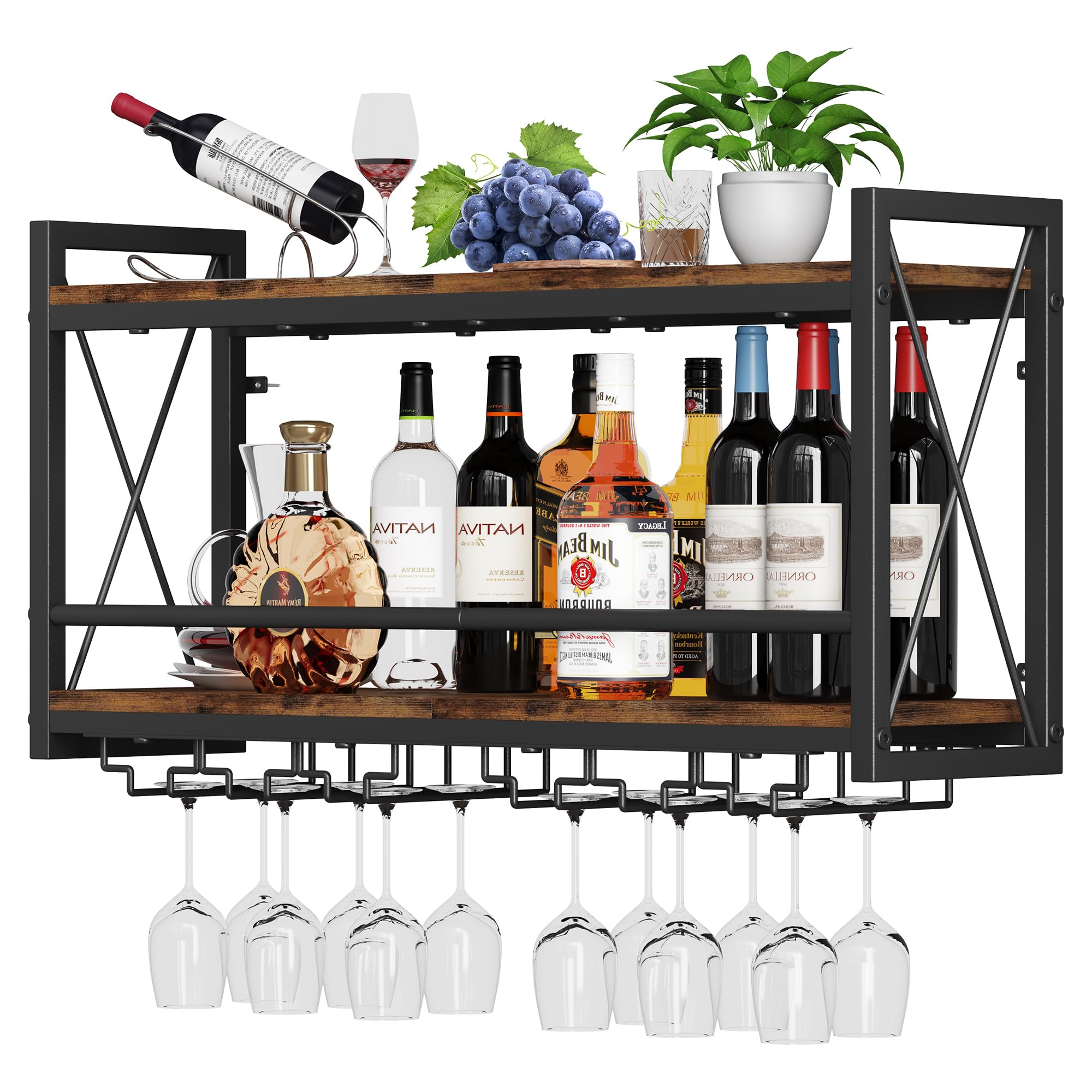 Homeiju wall-mounted wine rack with bottle and glass display for organized storage.