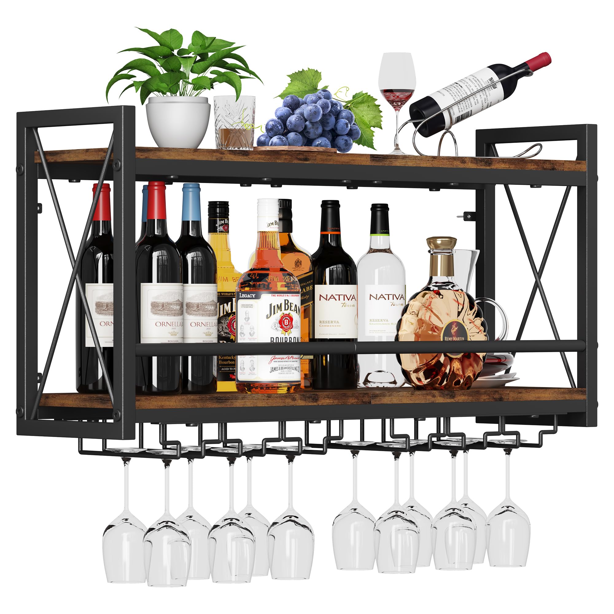 Homeiju wood-metal wine rack in retro design with bottle and glass display.