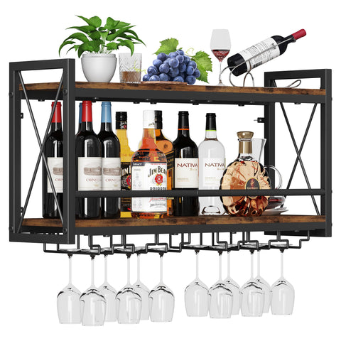 Homeiju wood-metal wine rack in retro design with bottle and glass display.