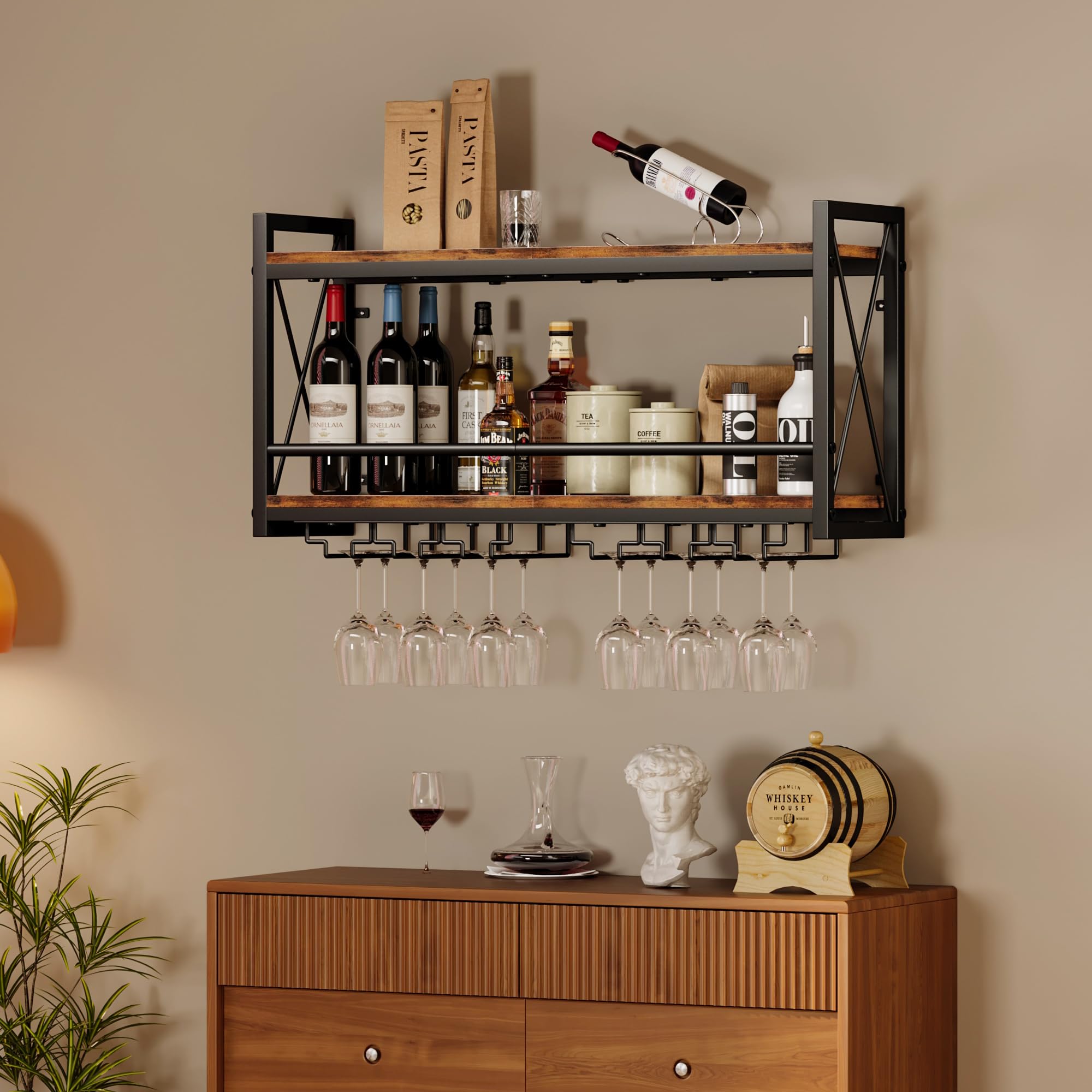 Homeiju wall display showcasing wine bottles on a wall shelf.