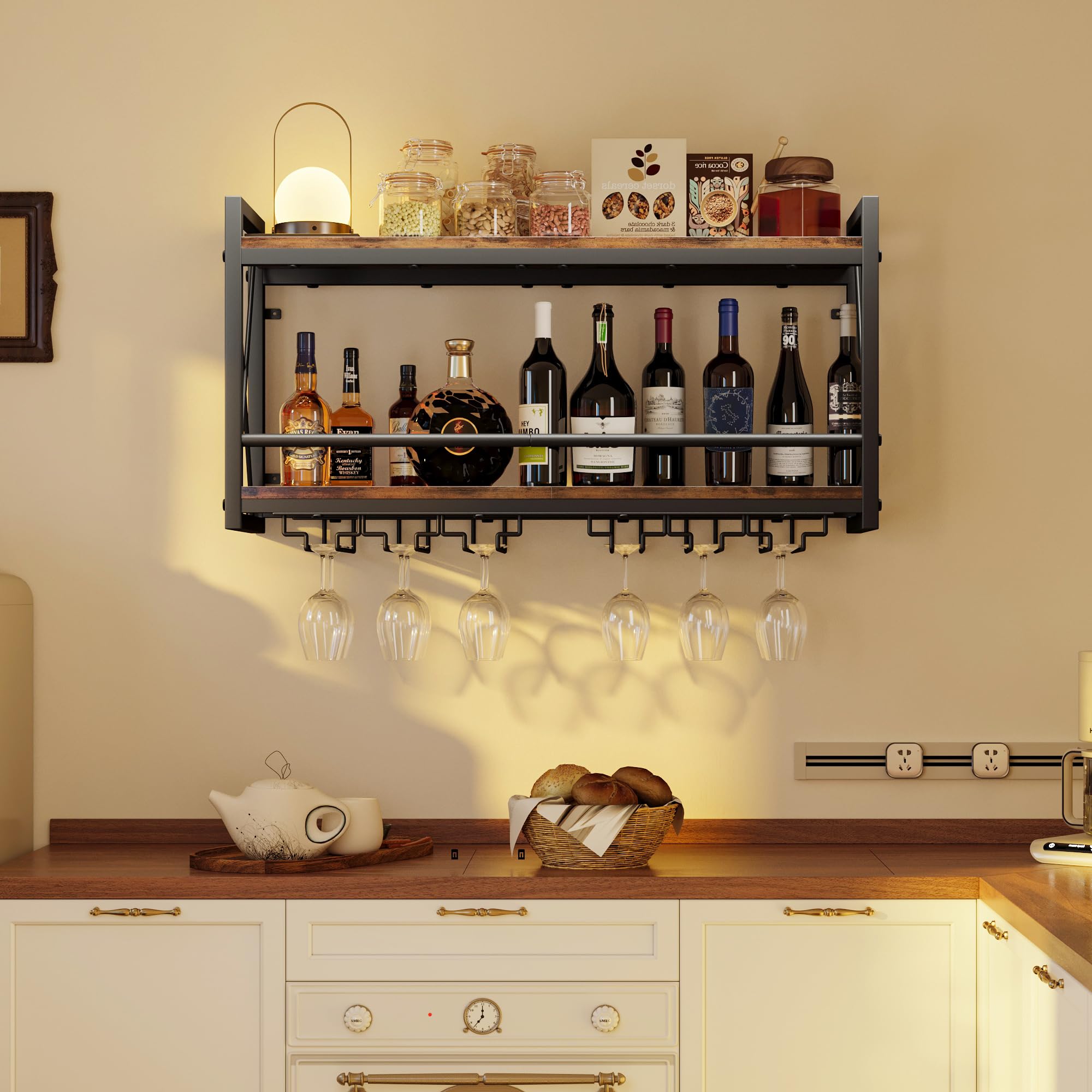 Homeiju wine rack on wall ideal for kitchen and dining room display.