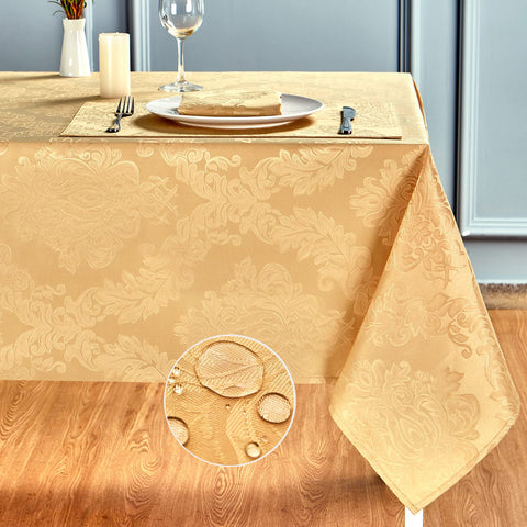 HomeJoy gold rectangle tablecloth close-up fabric weave showing durable finish.