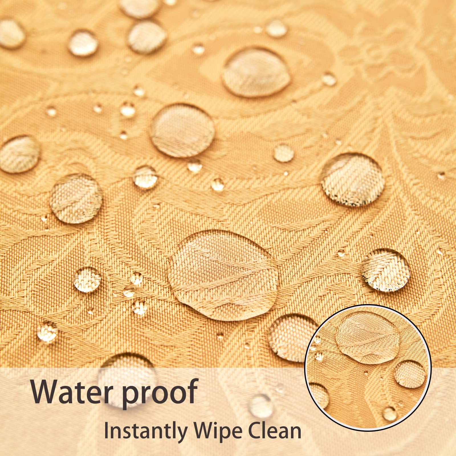 HomeJoy fabric being wiped clean with a damp cloth on a tablecloth.