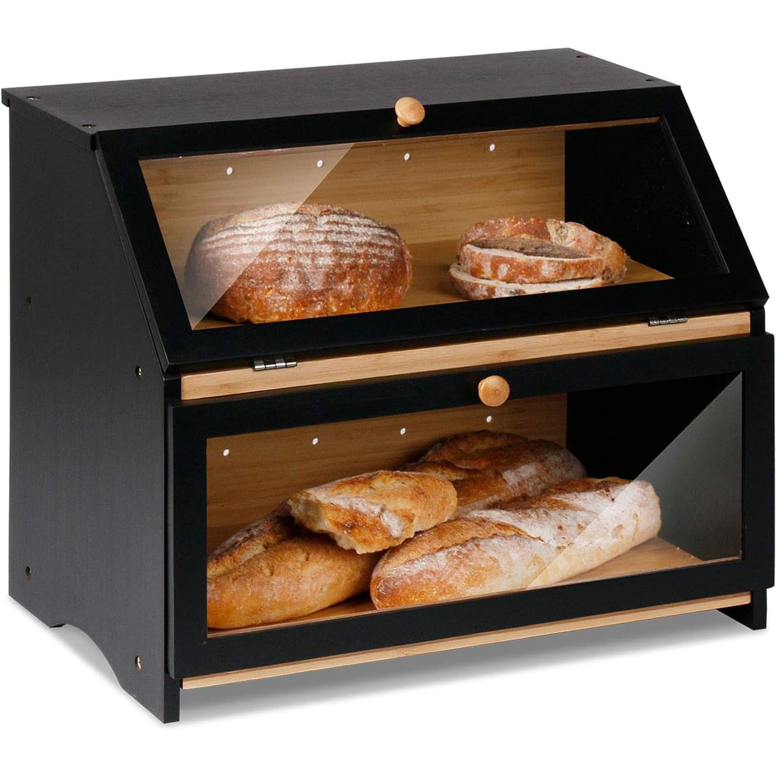 HOMEKOKO bread box front view with double layer design and black finish on counter