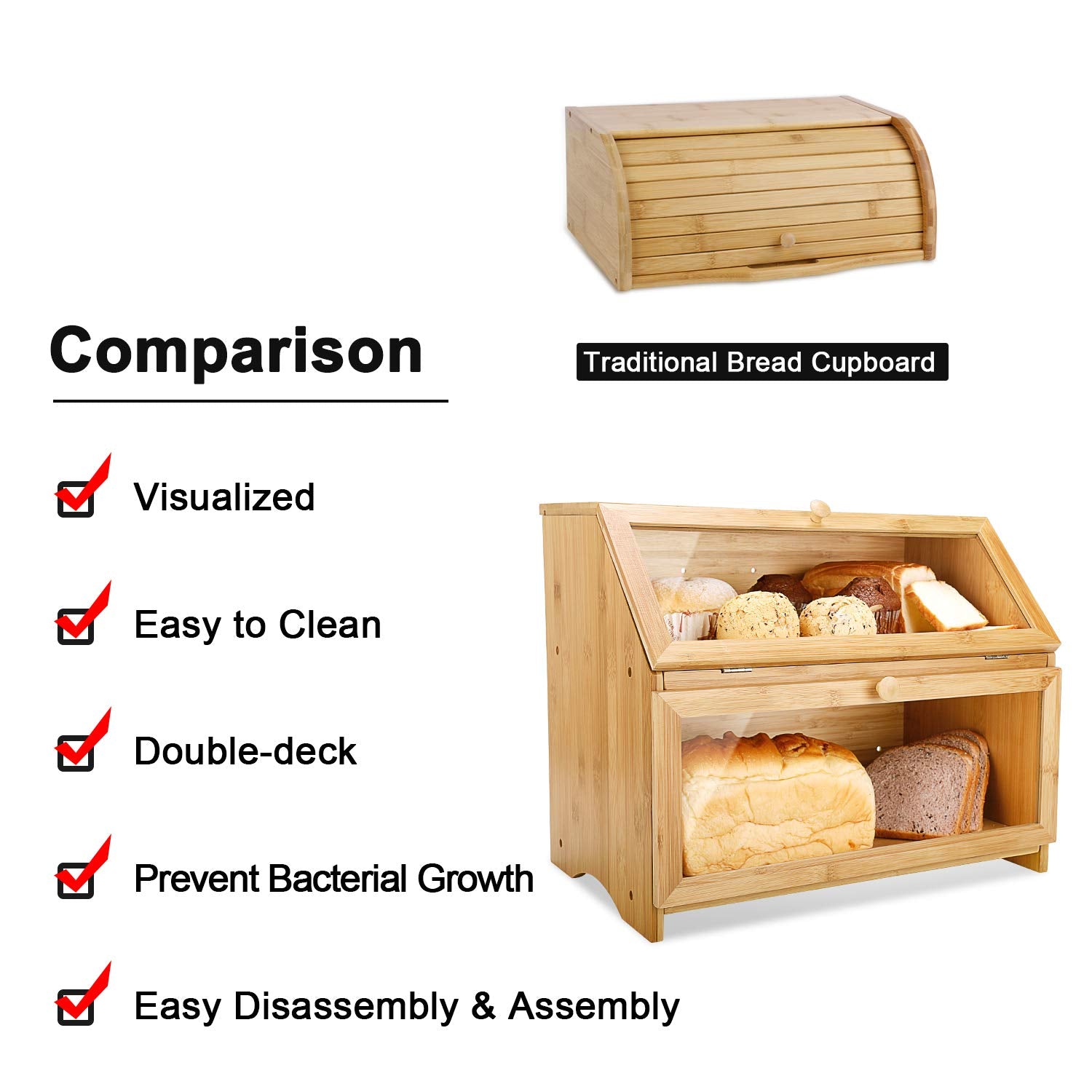  HOMEKOKO bread box inside view displays dual shelves for organization.