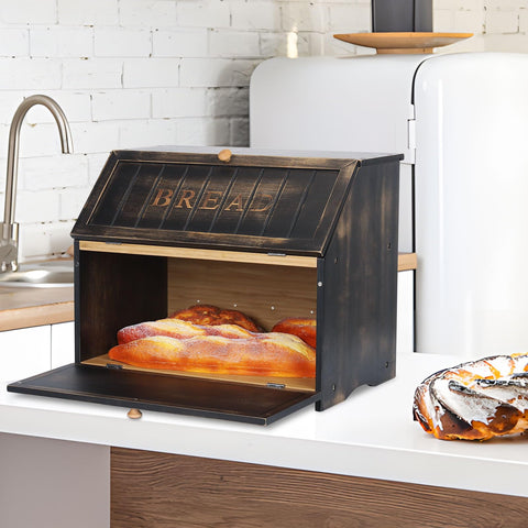 HOMEKOKO bread box top view shows two-layer design for efficient storage of loaves.