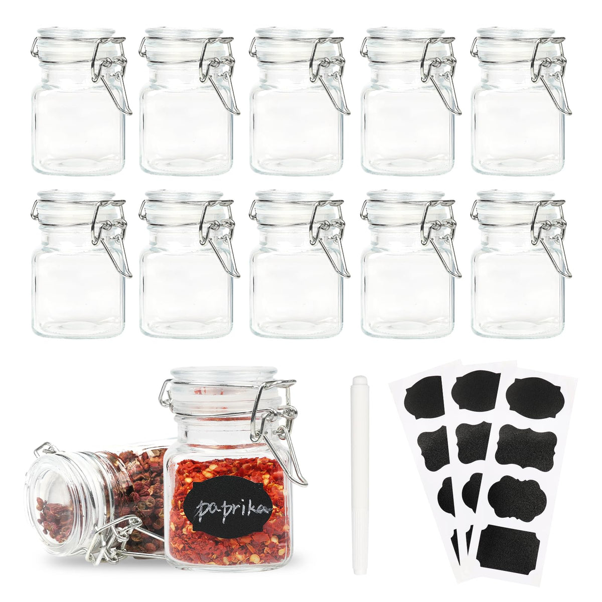 Homelike Style 12-pack glass jars with airtight lids for fresh spices.