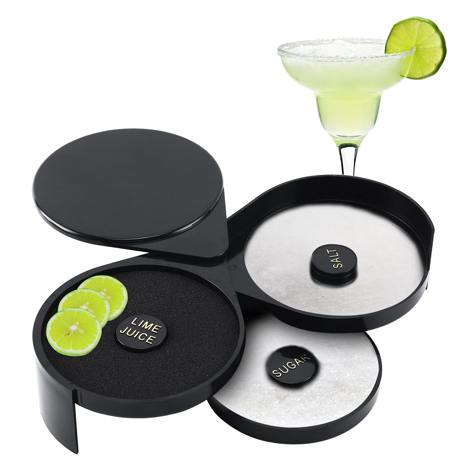 Homend Margarita Salt Rimmer with 3-tier rotating trays for organized cocktail prep