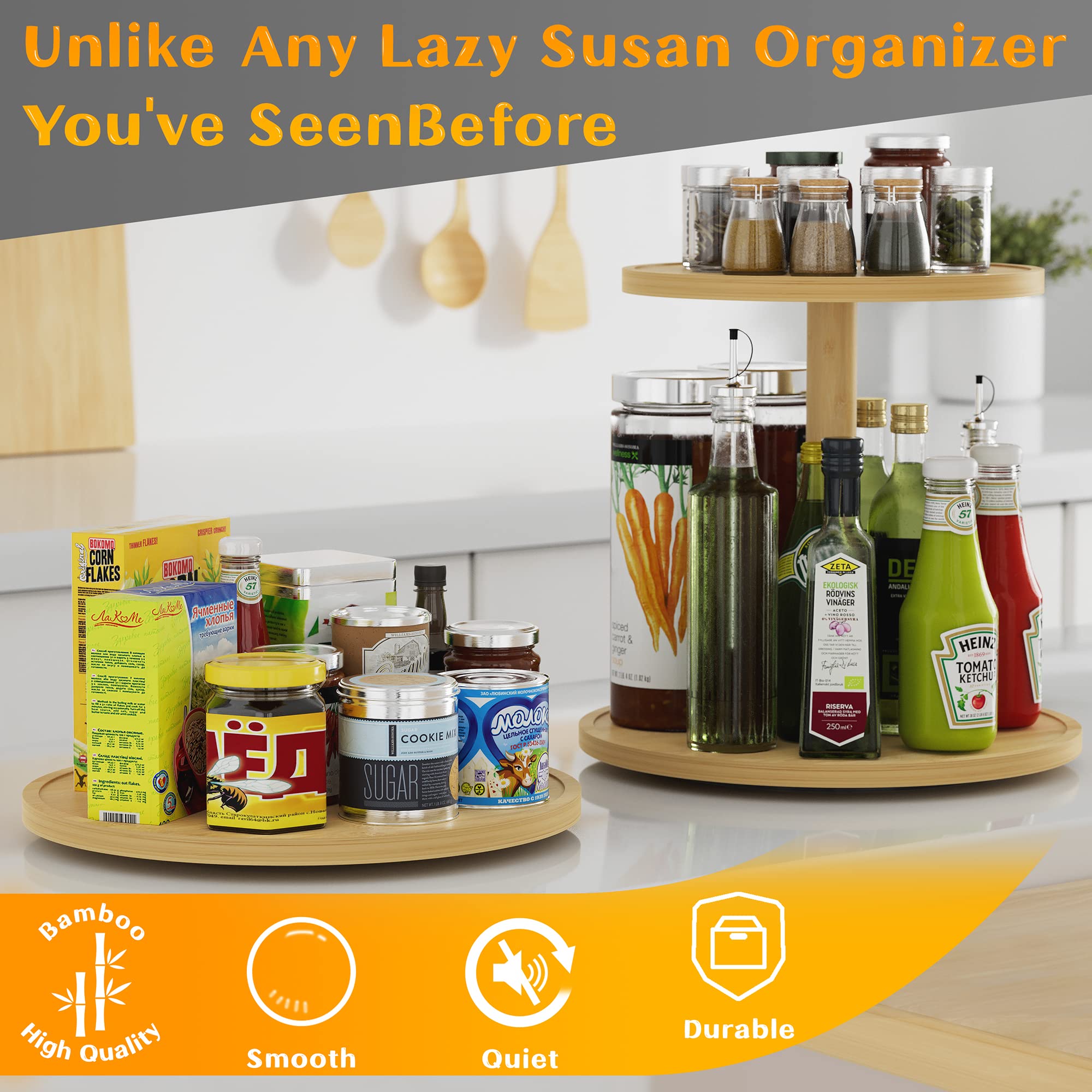 Homerays Lazy Susan 9-inch bamboo kitchen organizer on counter for neat storage.