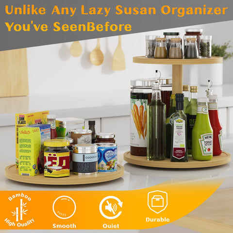 Homerays Lazy Susan 9-inch bamboo kitchen organizer on counter for neat storage.