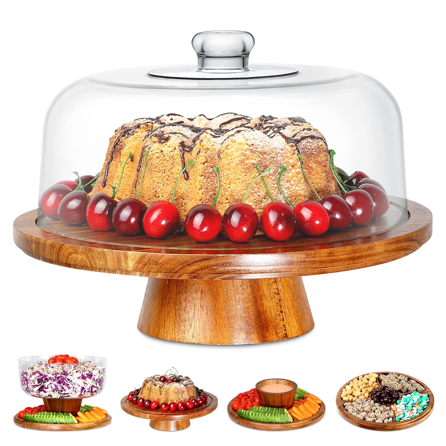 Homeries Acacia Wood Cake Stand with Lid displays a 12-inch cake up to 4 inches tall