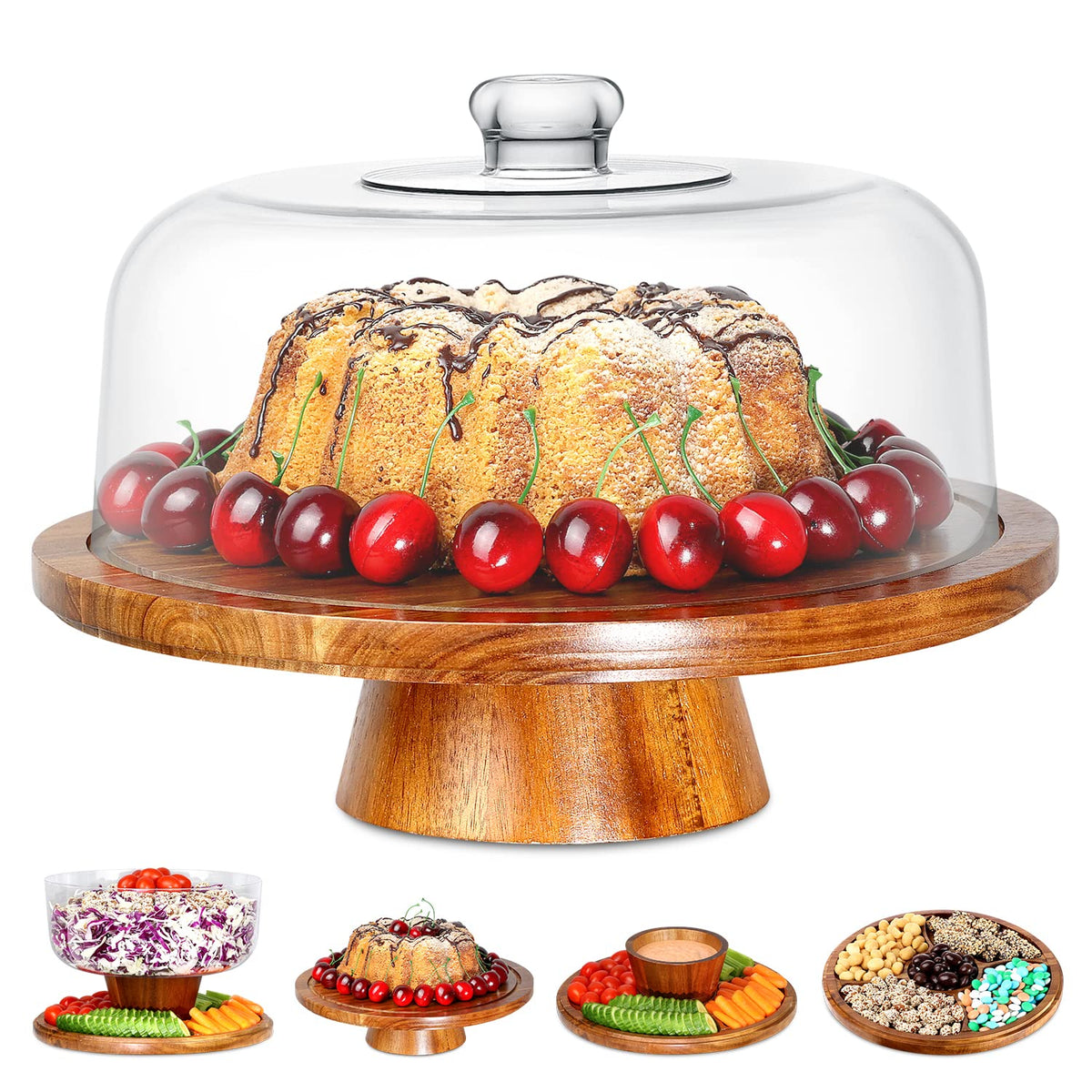Homeries Acacia Wood Cake Stand with Lid displays a 12-inch cake up to 4 inches tall