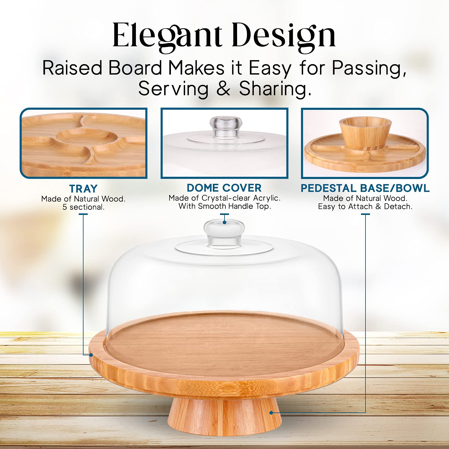 Homeries bamboo cake stand with dome lid for versatile serving.