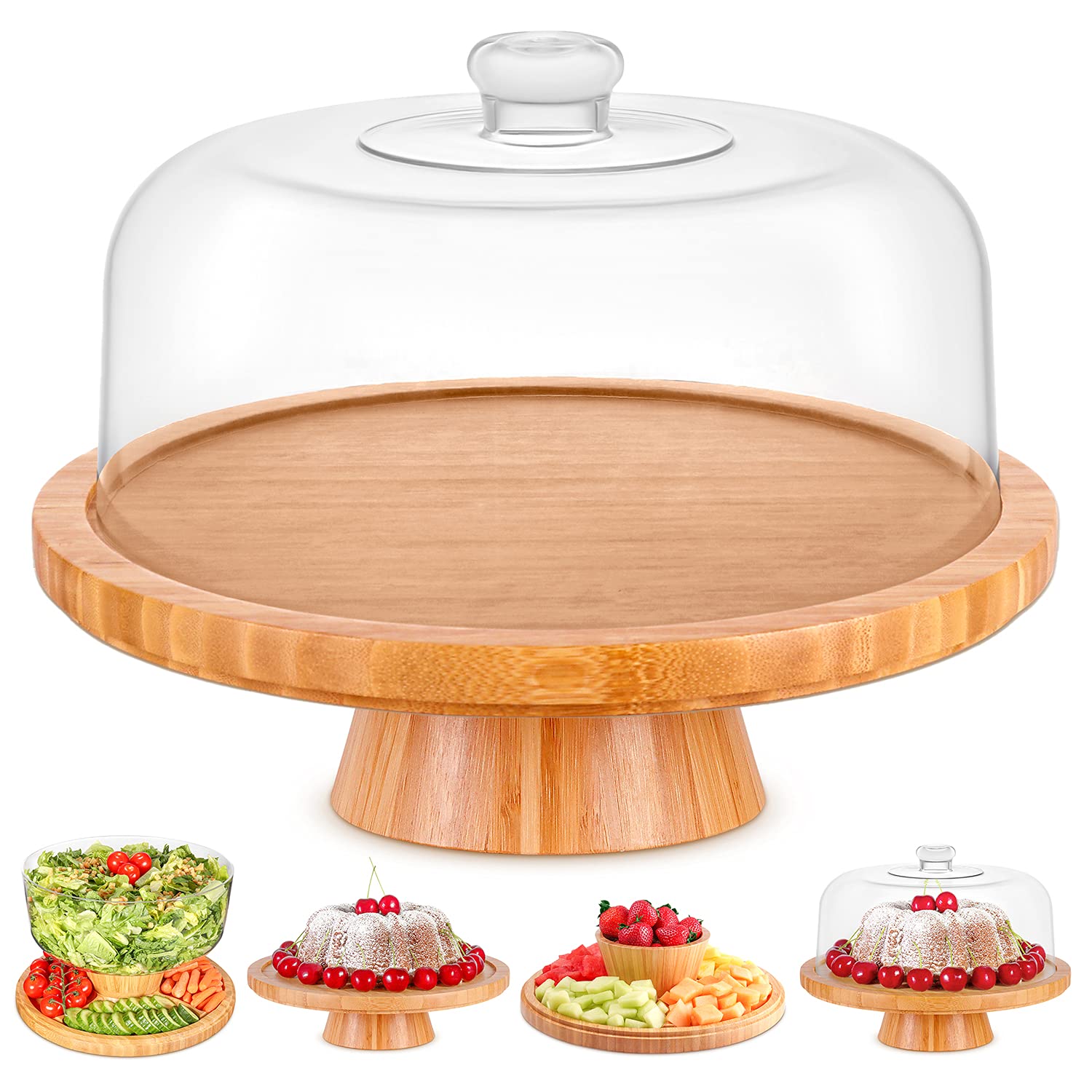 Homeries bamboo cake stand shows durable bamboo construction.