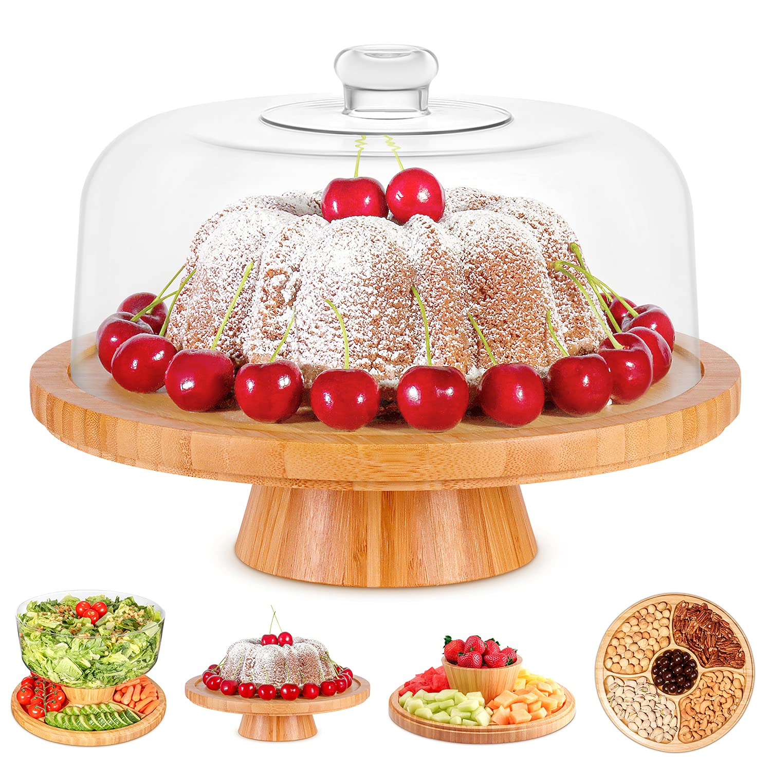 Homeries bamboo cake stand with lid displays desserts while keeping them fresh.