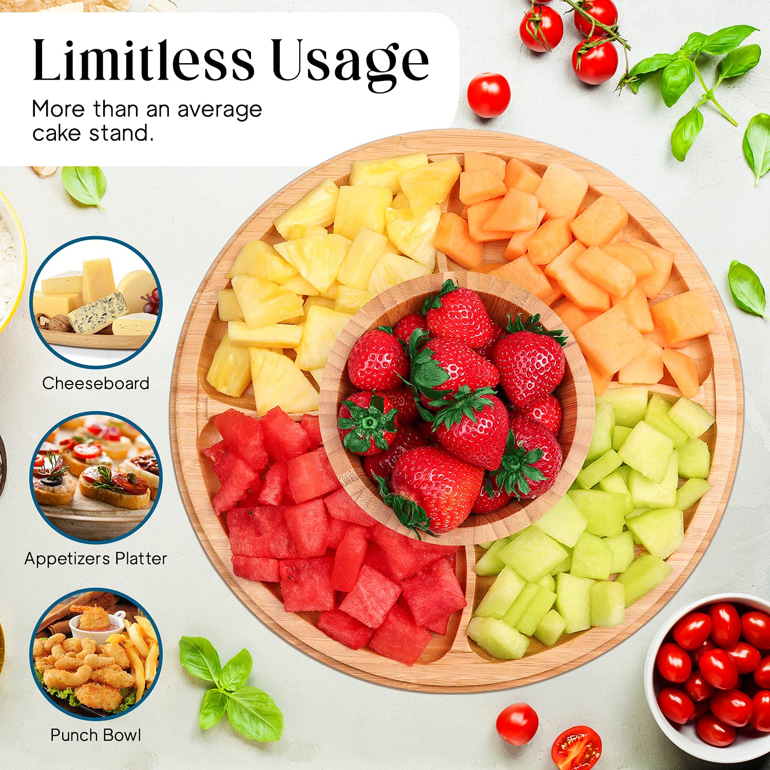 Homeries bamboo stand with lid doubles as a salad plate display.