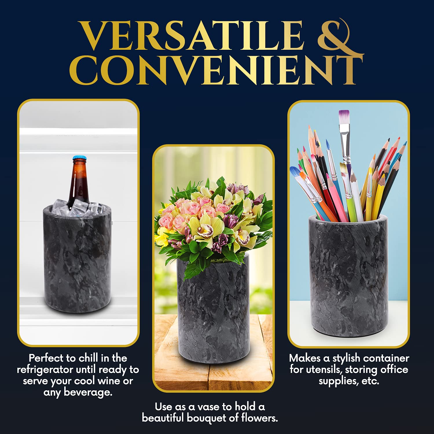 Homeries marble wine chiller bucket gray, ready to accompany dinner parties and celebrations.