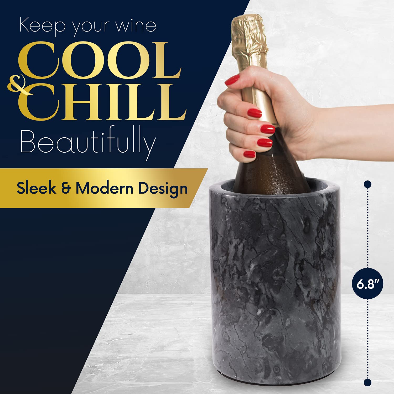 Homeries marble wine chiller bucket gray, open interior ready to hold standard 750ml bottles.