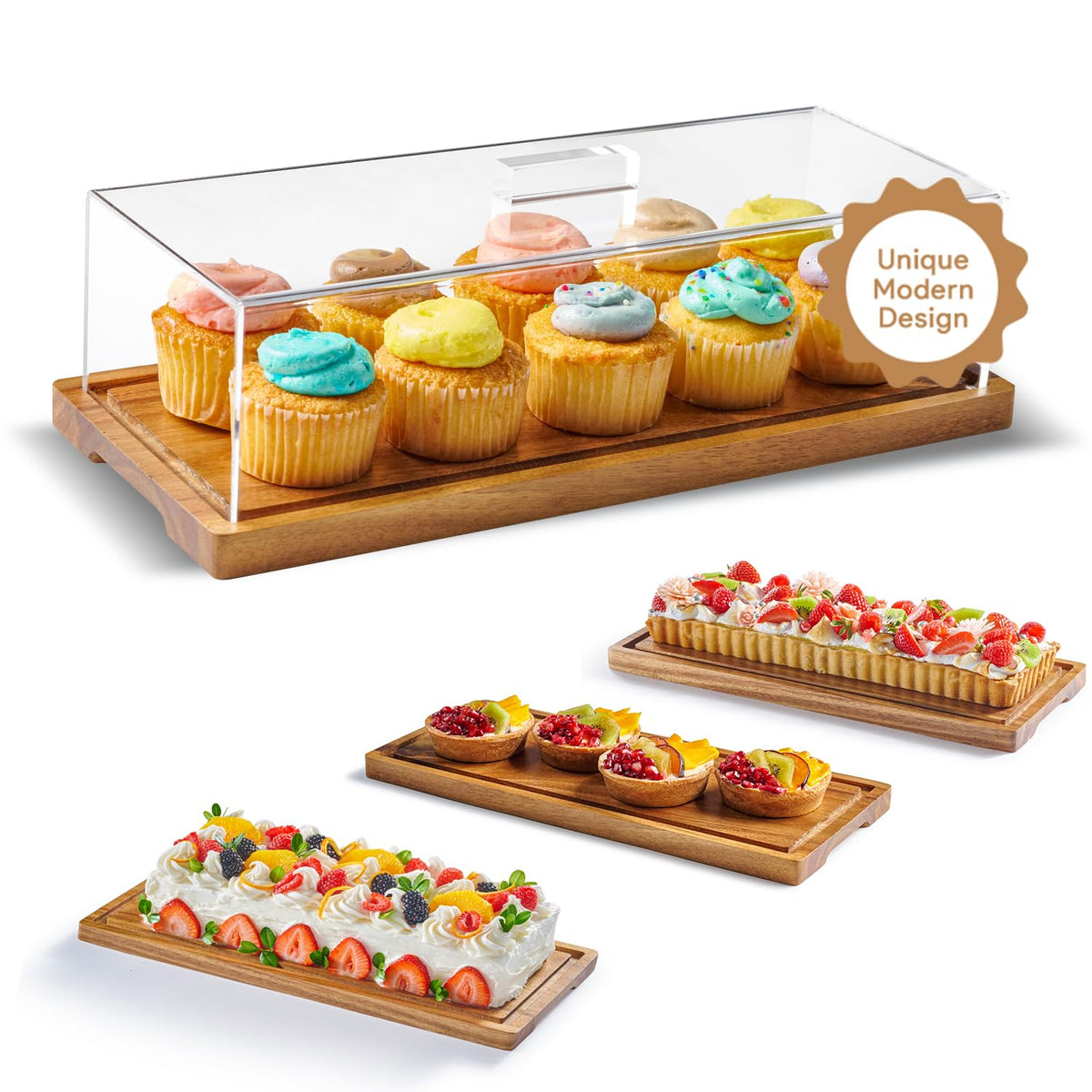 HOMESPHERE acacia cake display lid for elegant dessert presentation with secure acrylic cover.