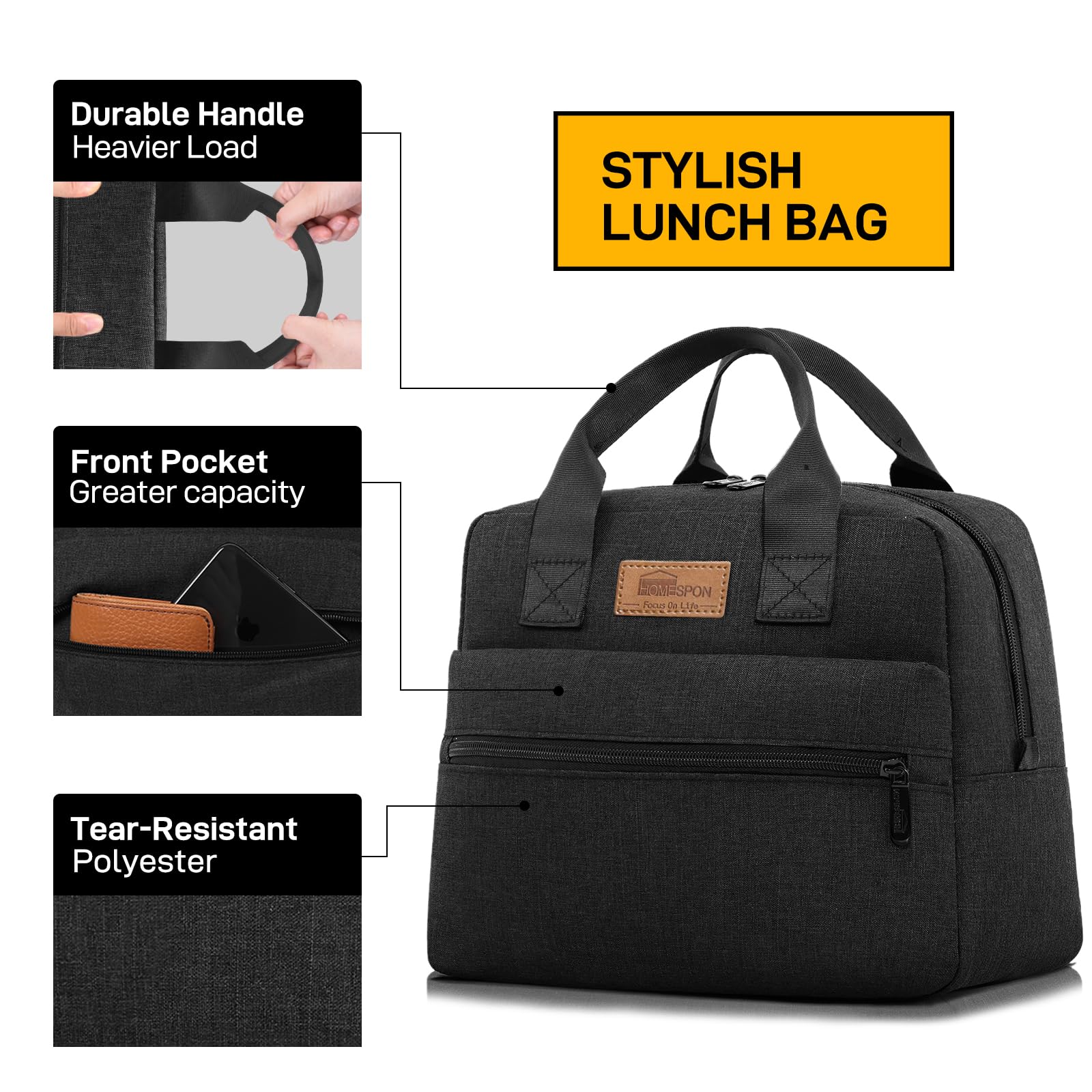 Homespon insulated lunch bag back pocket design stores phone and napkins