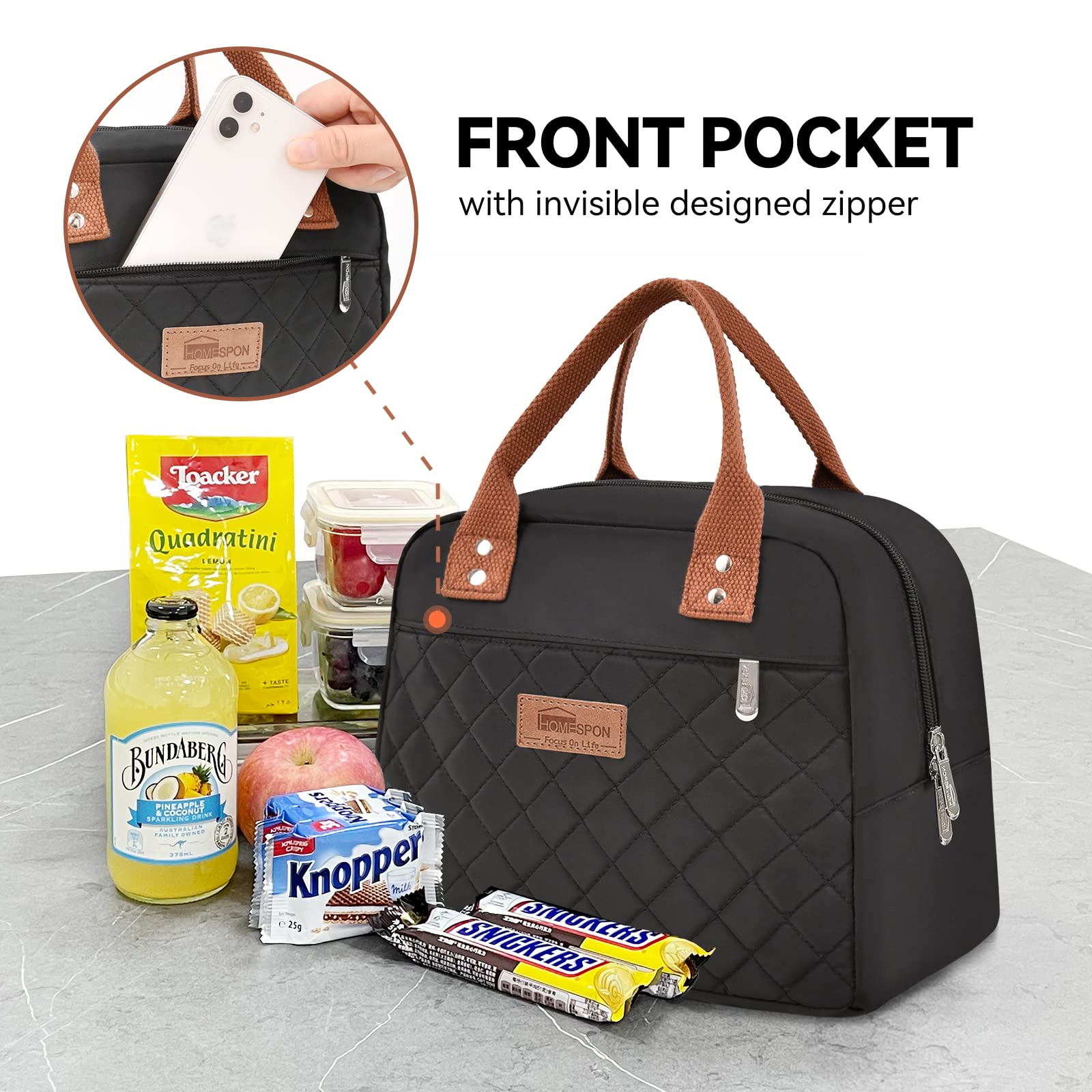 HOMESPON lunch bag main compartment fits a container, snacks, and beverages