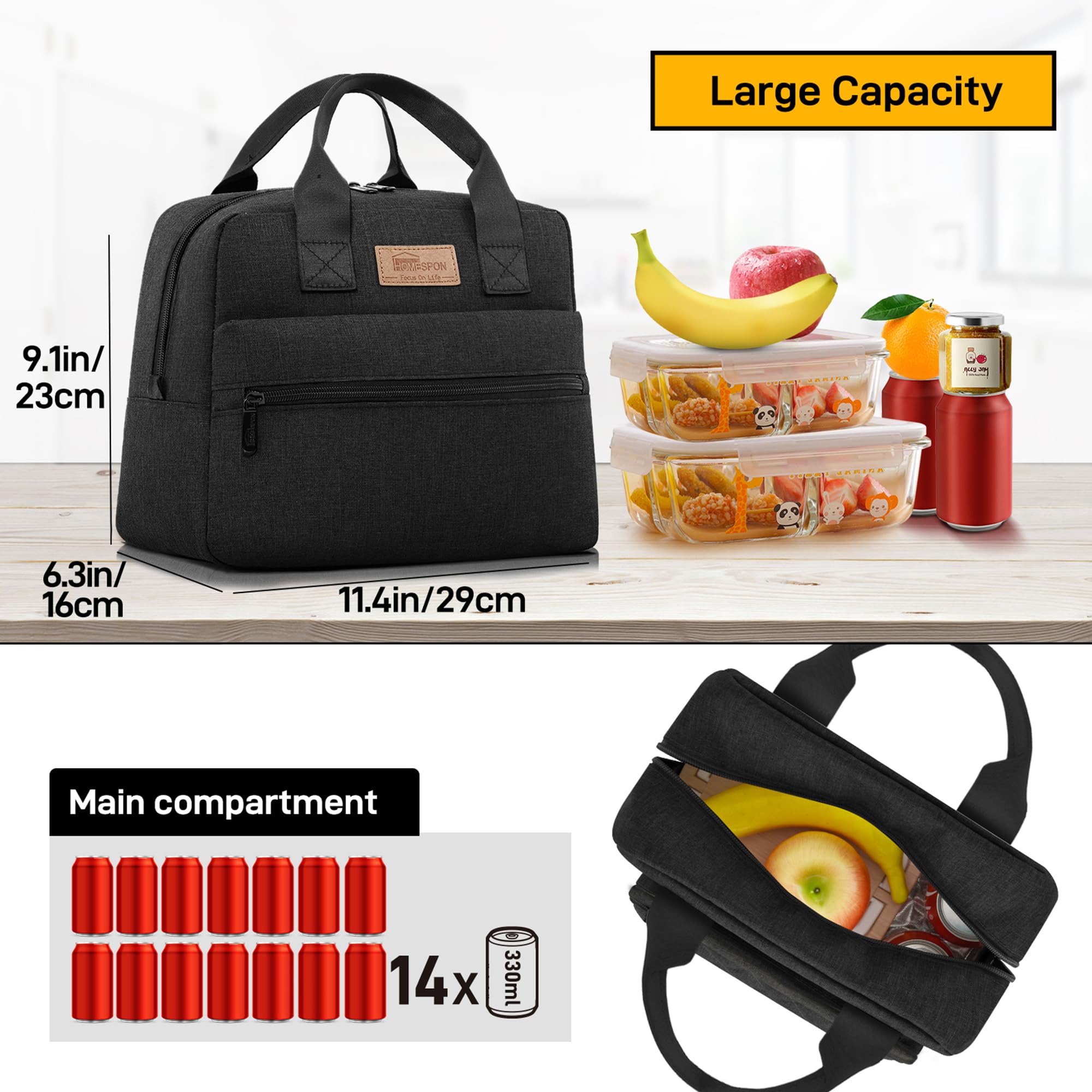 Homespon main compartment fits lunch container and drinks with room to spare