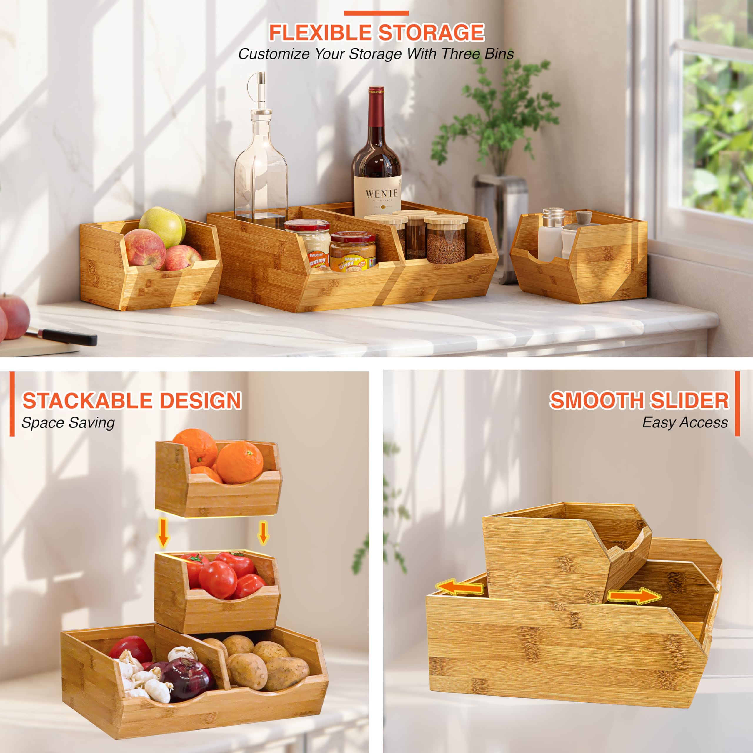 HOMESTEAD Bamboo Pantry Bins on a shelf showcasing stackable design