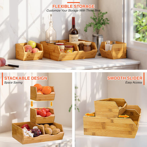 HOMESTEAD Bamboo Pantry Bins on a shelf showcasing stackable design