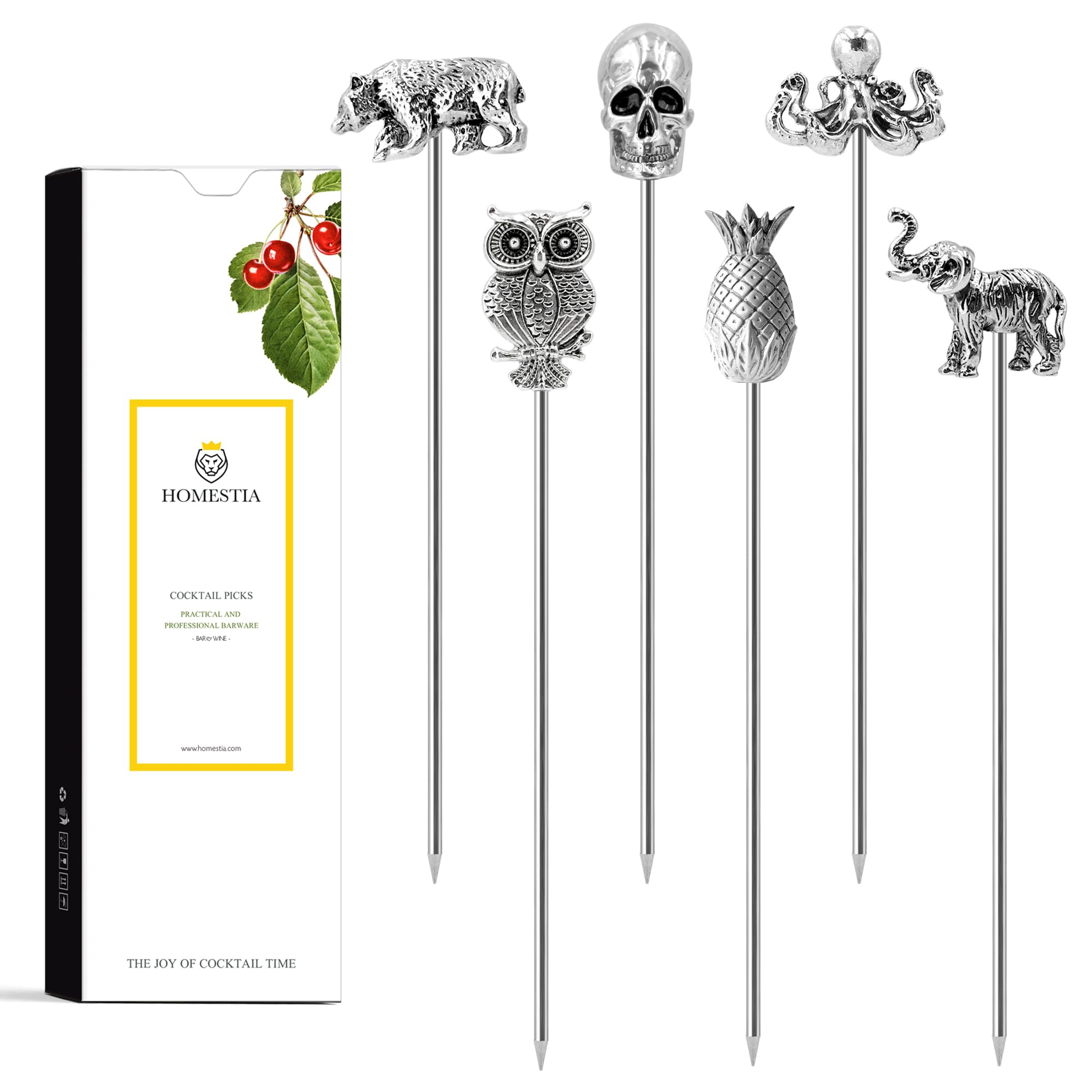 Homestia metal cocktail picks 6pc set for stylish garnishes and reusable use.