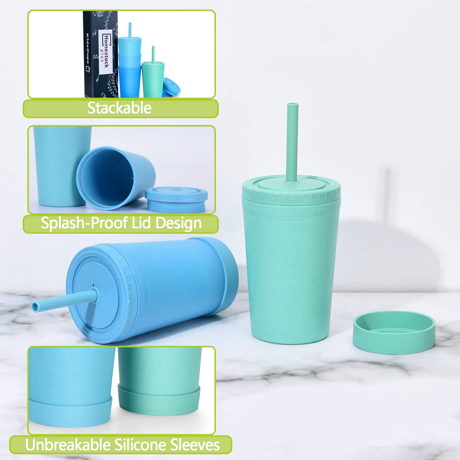 Stacked Homestockplus cups in four colors save space in a compact kitchen.