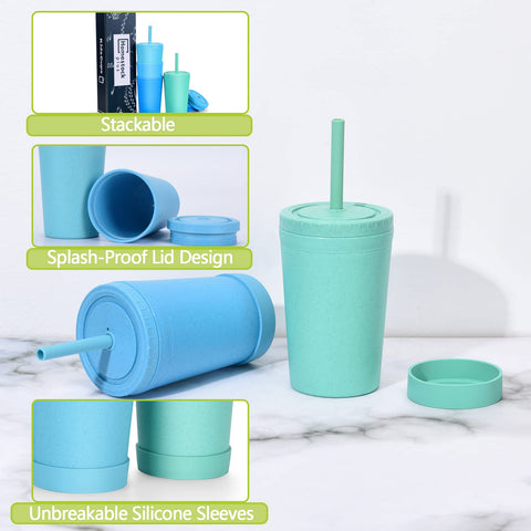 Stacked Homestockplus cups in four colors save space in a compact kitchen.
