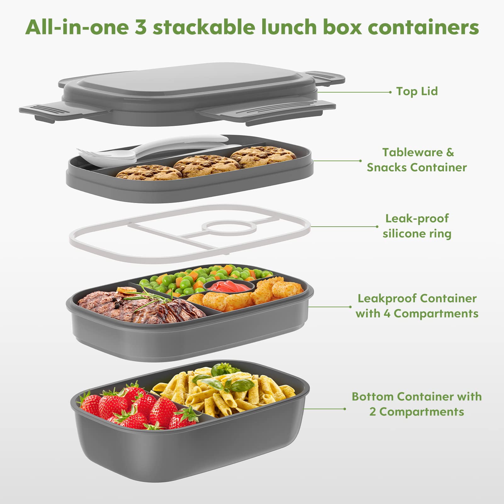 HOMETALL Bento Box uses four locking clips to keep contents secure.