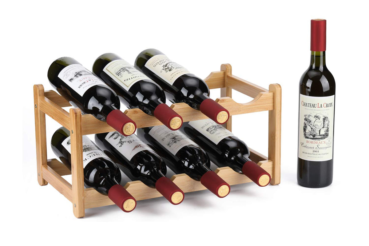 Homevany 8-bottle bamboo wine rack assembled on counter for compact storage.