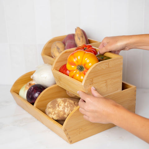 Homeware Express stackable-potato-onion-bin-set maximizes vertical space in cabinets.