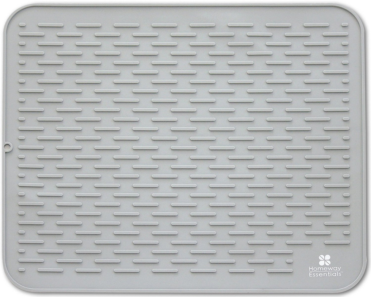 Homeway Essentials silicone dish drying mat 21x18 grey provides ample counter drying space.