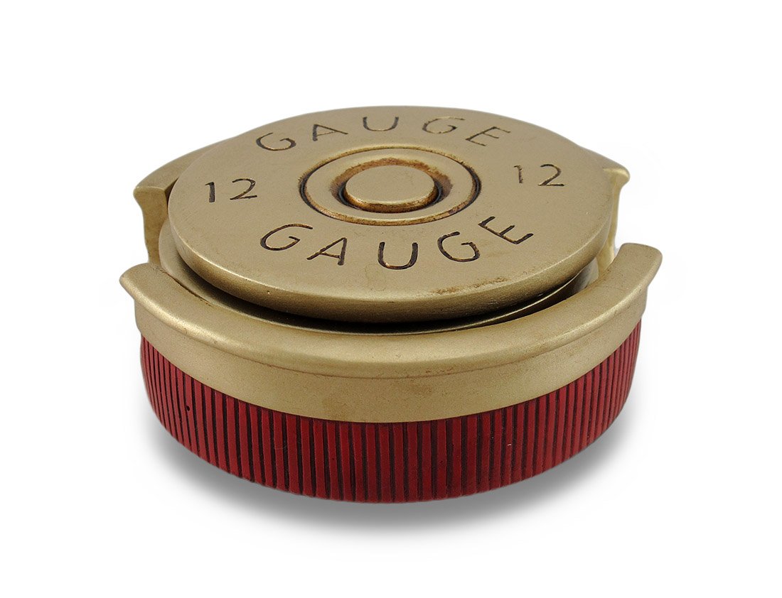 HomeWetBar shotgun-shell coaster holder showcases the set in a mancave display