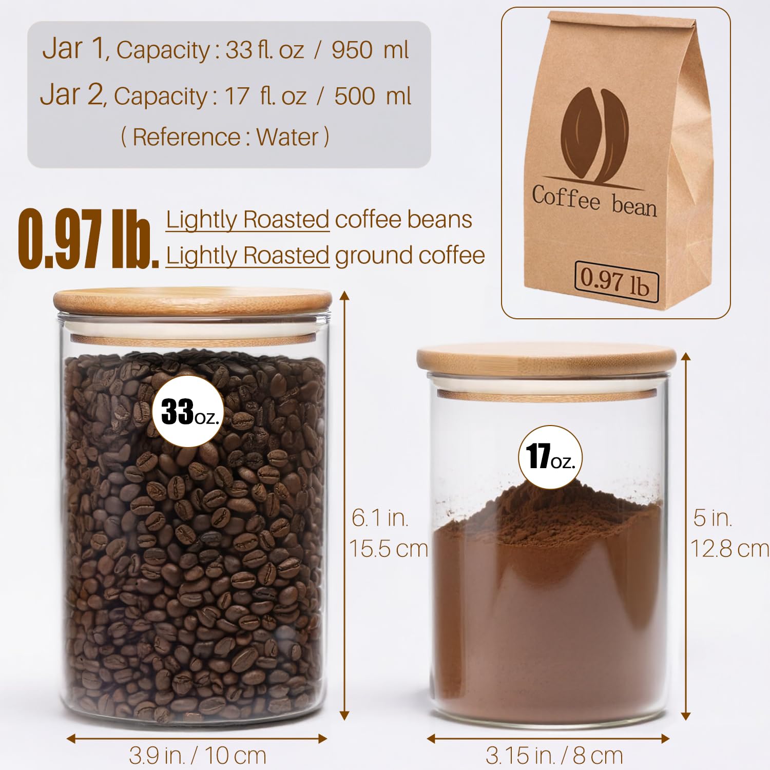 HomeyHoney two sizes, 32 oz and 17 oz, ideal for coffee and sugar storage.