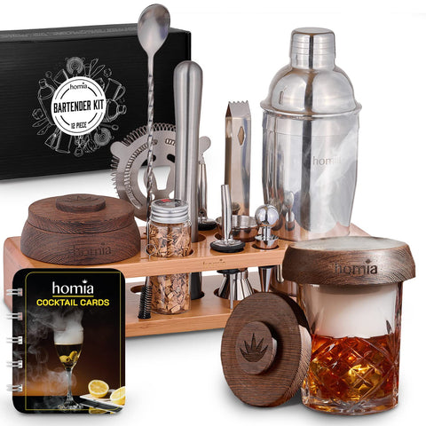 Homia Bartender Kit on a bamboo stand for elevated cocktails