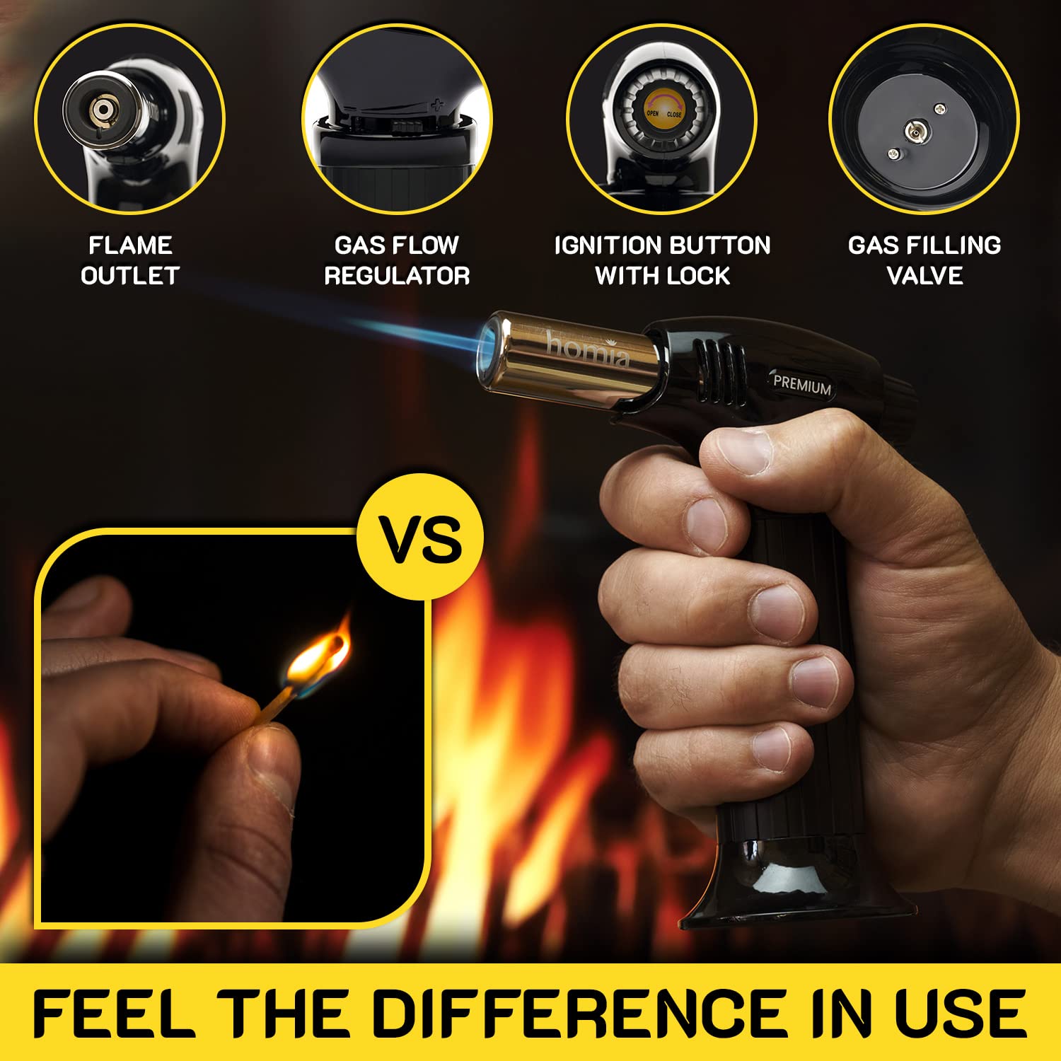Homia adjustable flame for versatile heat in cocktails and cooking